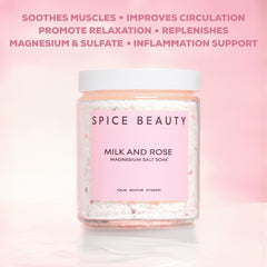 SPICE BEAUTY Goat Milk & Rose soak damask-rose closeup highlights soothing, hydrating skin care.
