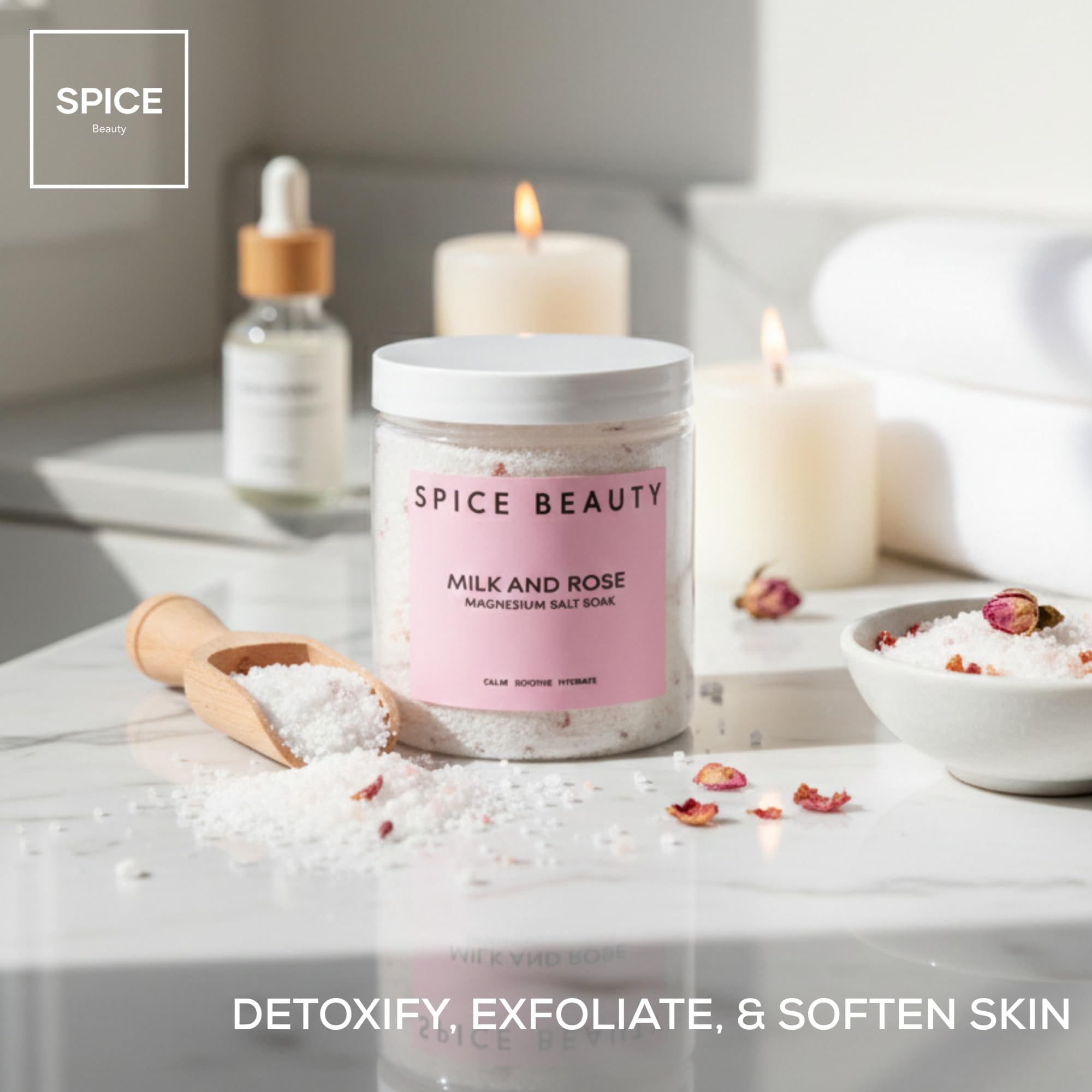 SPICE BEAUTY Goat Milk & Rose soak relaxing ritual promoting comfort after long days.
