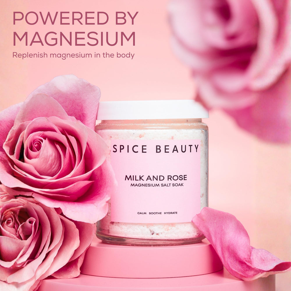 SPICE BEAUTY Goat Milk & Rose soak soft-skin finish after bath.