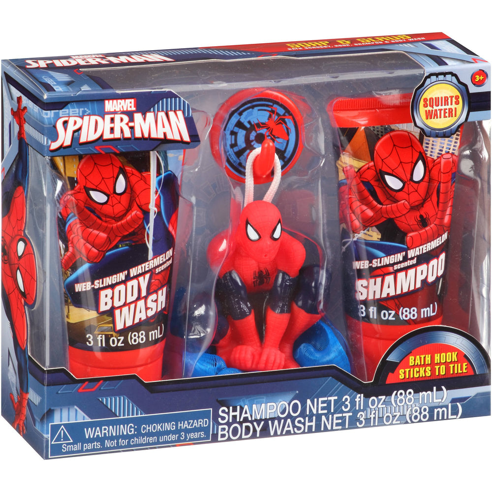 Spider-Man soap and scrub gift set with watermelon scent for refreshing showers and playful routines.