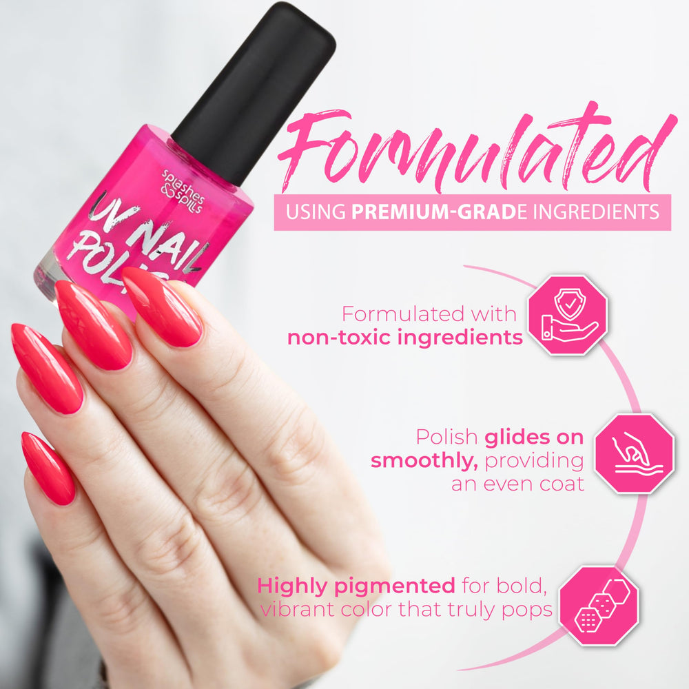 Splashes & Spills UV glow polish in bottle ready for easy coverage and glow.