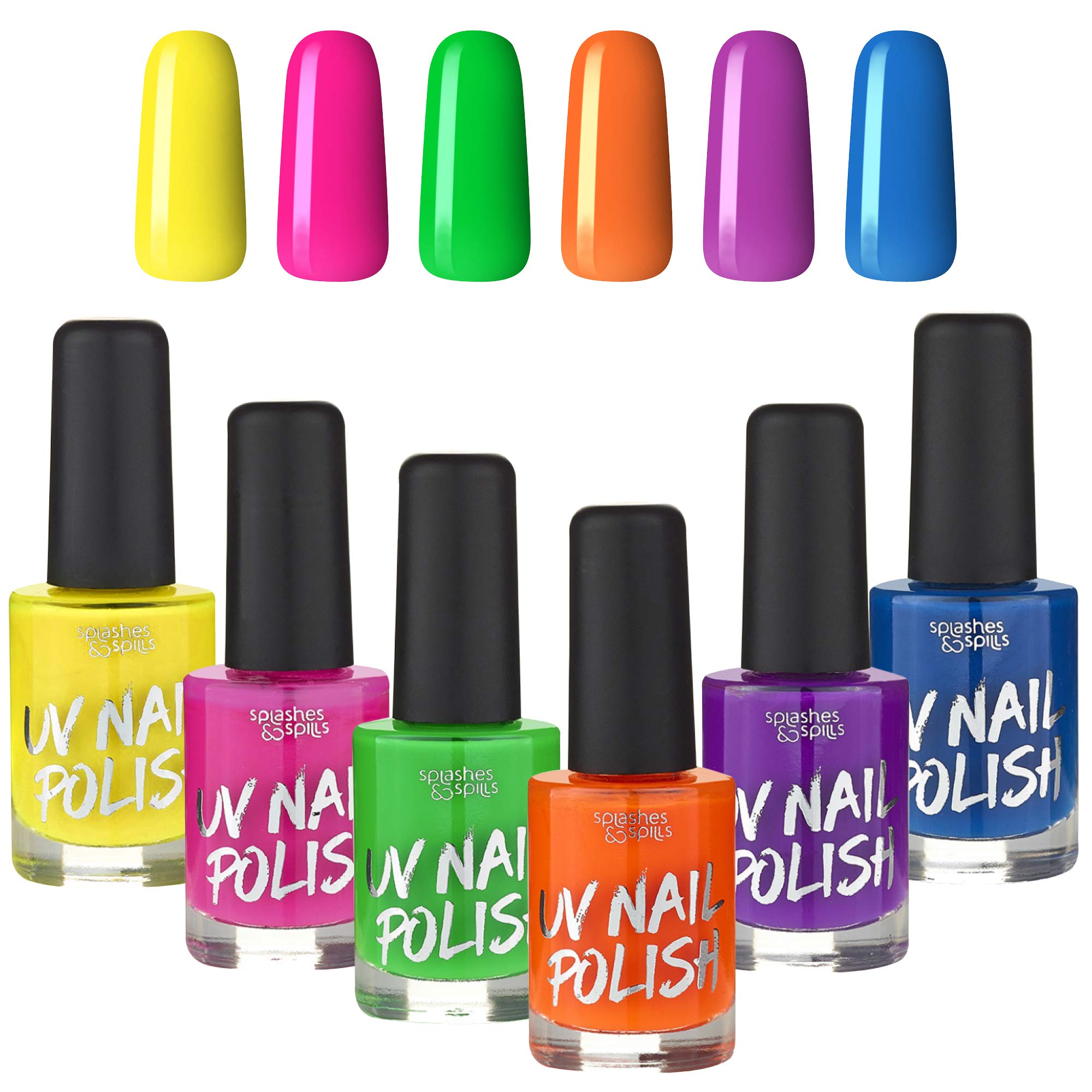 Splashes & Spills UV Glow Nail Polish bottle shows dramatic UV-ready color.