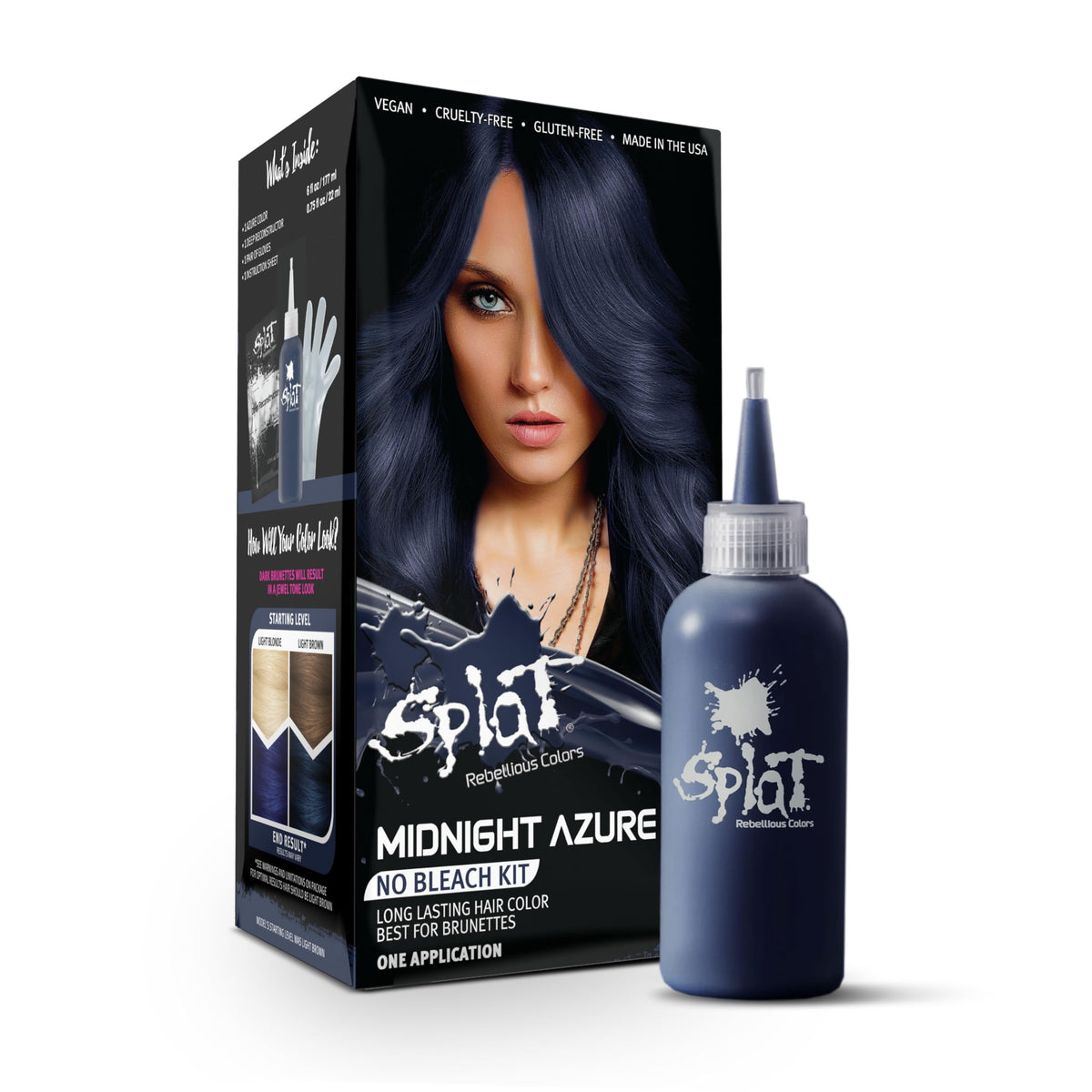 Splat Midnight Azure bottle pour shows even color distribution for a vivid blue result.