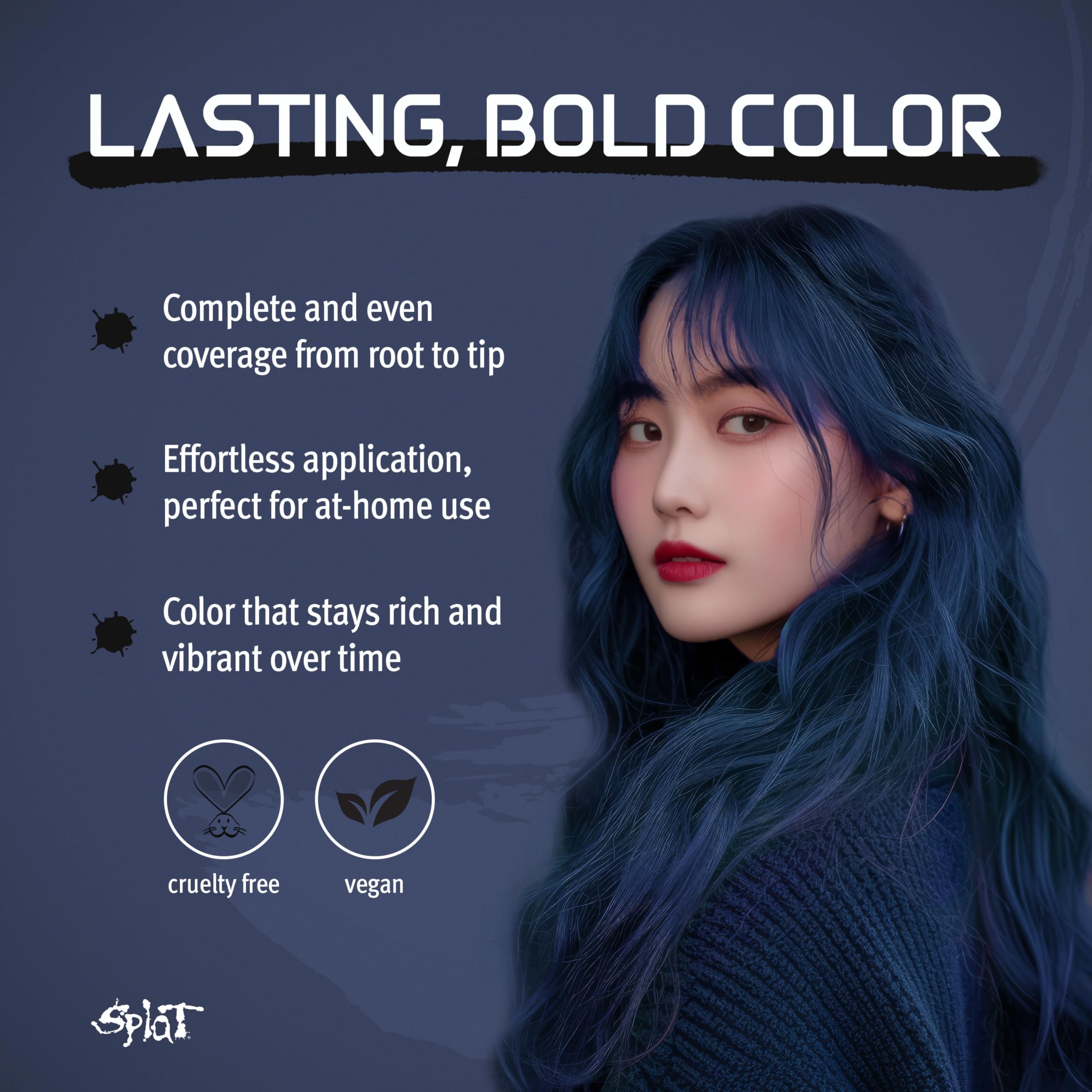 Splat Midnight Azure color swatches illustrate the vibrant semi-permanent blue shade.