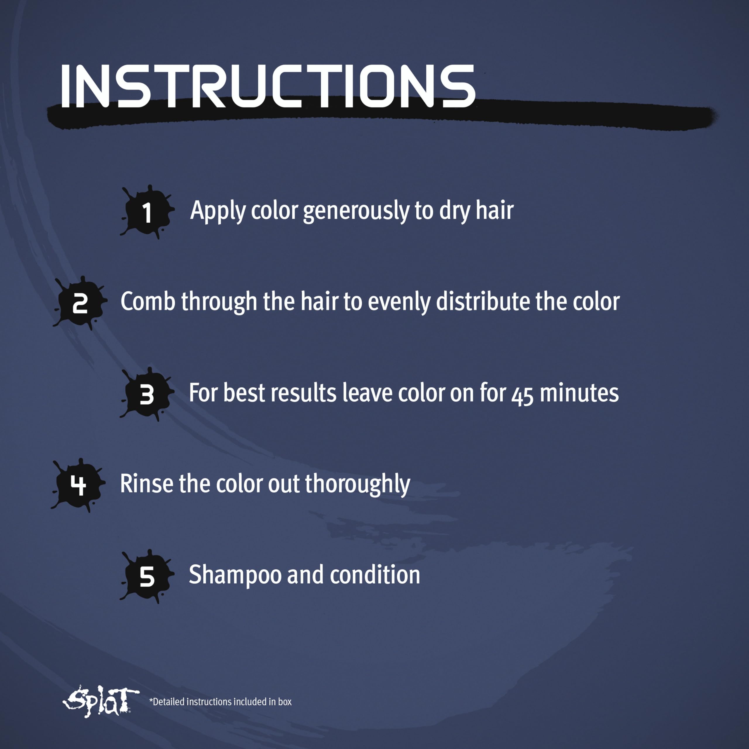 Splat Midnight Azure no-bleach application highlights damage-free color access.
