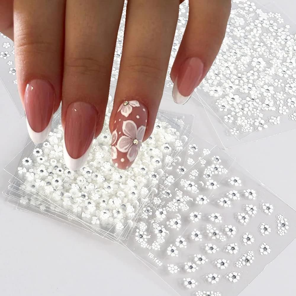 SPLOCUDU White Flower nail sticker close-up with rhinestones for quick glam nails