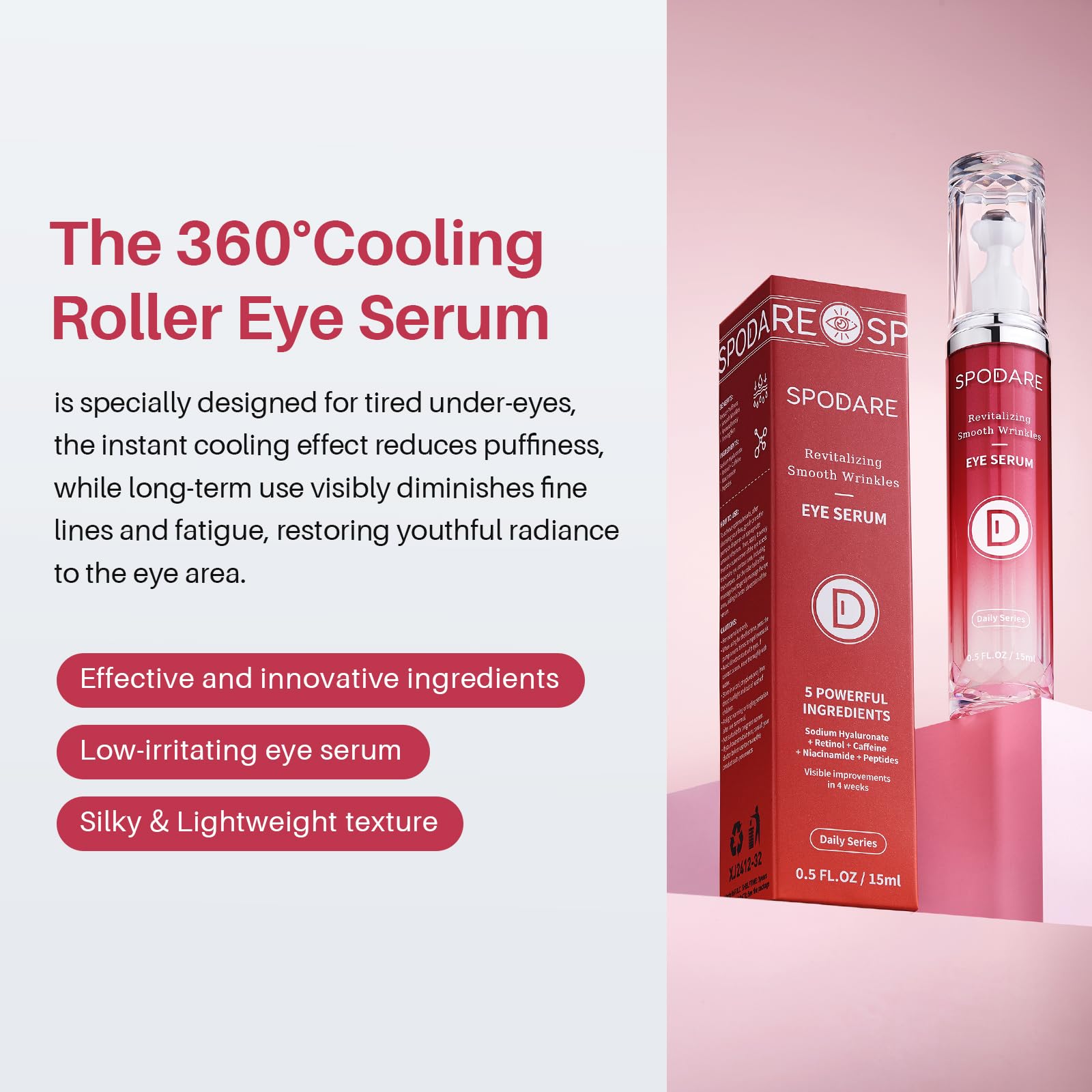 SPODARE eye serum with 360° roller ball for cooling massage.