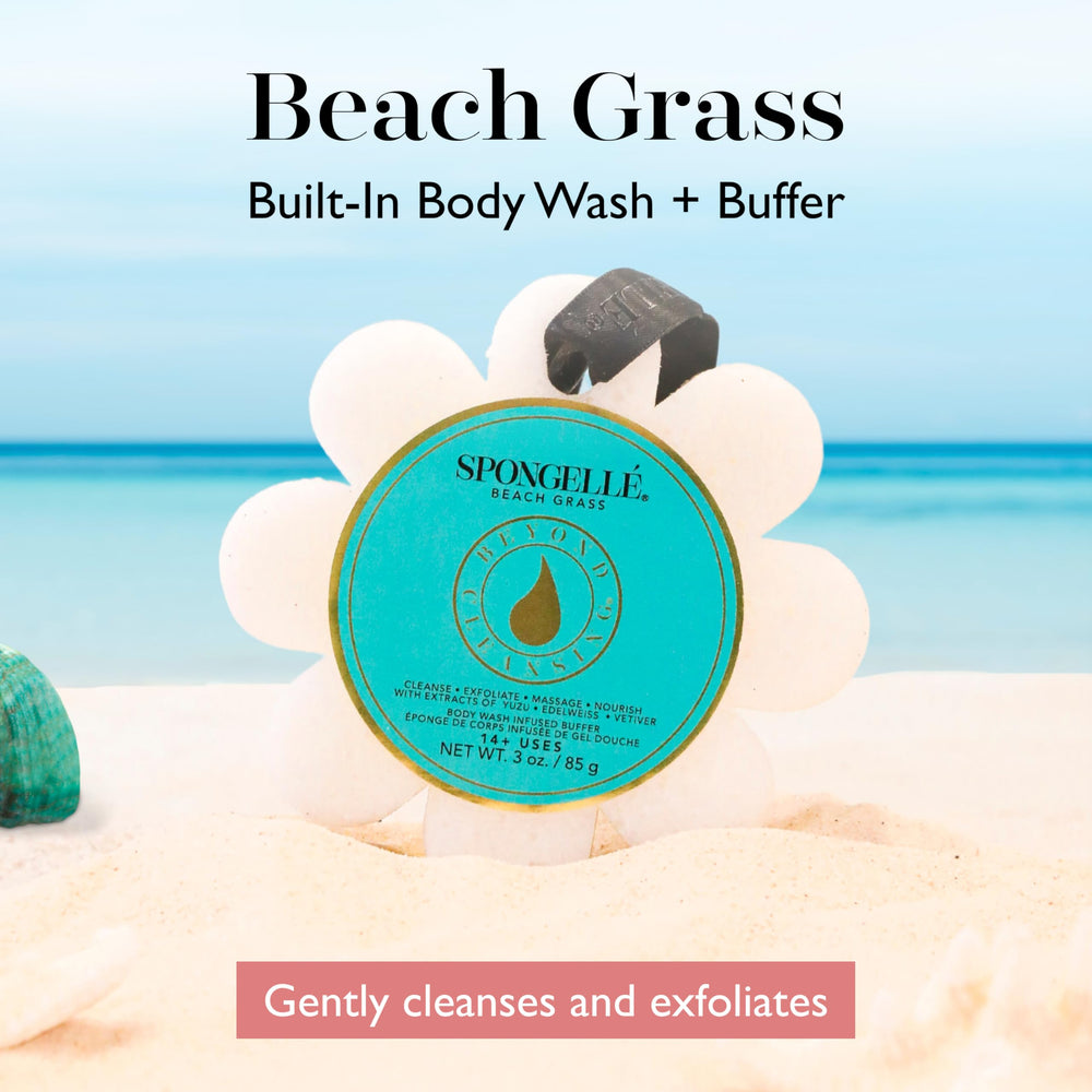 SPONGELLÉ Beach Grass Wild Flower Buffer in use with built-in wash and exfoliation