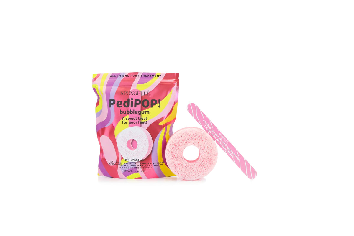 SPONGELLÉ Bubblegum PediPOP! buffer and nail file for at-home spa pedicure.