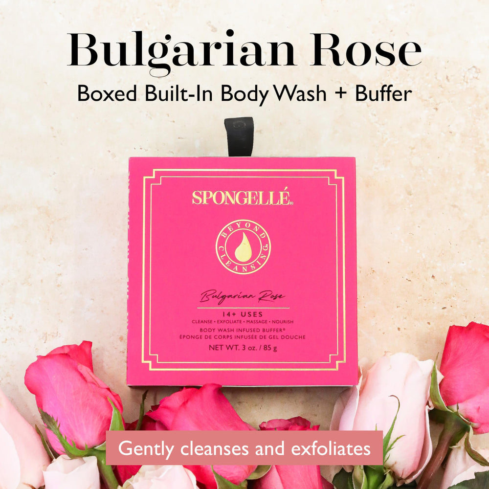 Spongelle buffer close-up shows rose-infused exfoliating texture for smooth skin.