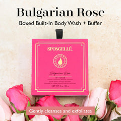 Spongelle buffer close-up shows rose-infused exfoliating texture for smooth skin.