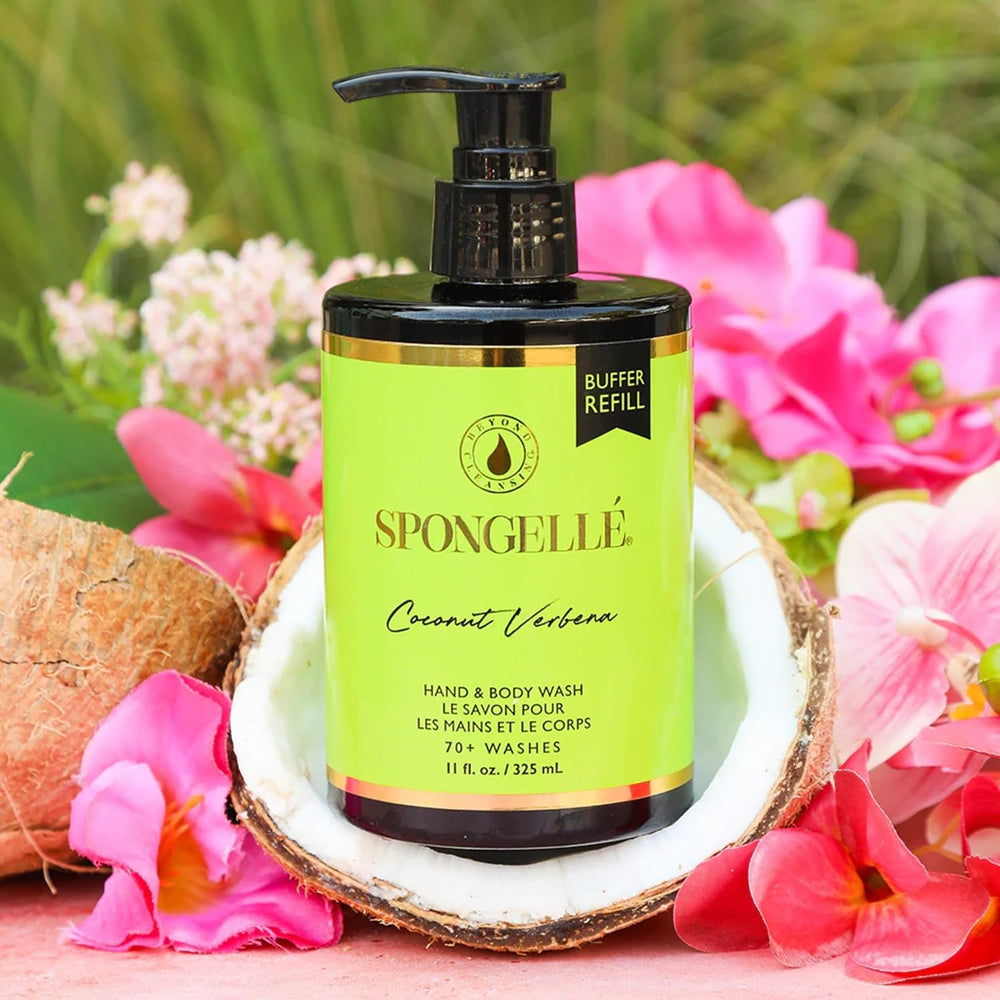 SPONGELLÉ Coconut Verbena Body Wash foam closeup showing rich lather.
