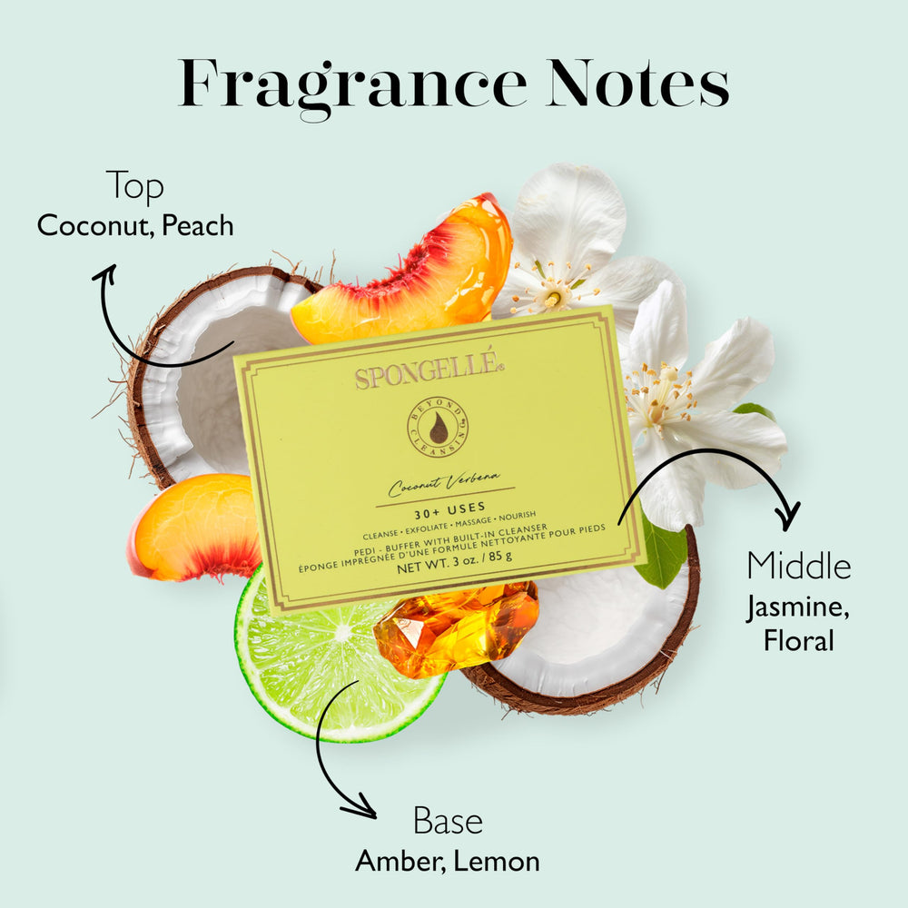 Exfoliating action on feet using SPONGELLÉ Pedi-Buffer to soften rough skin.