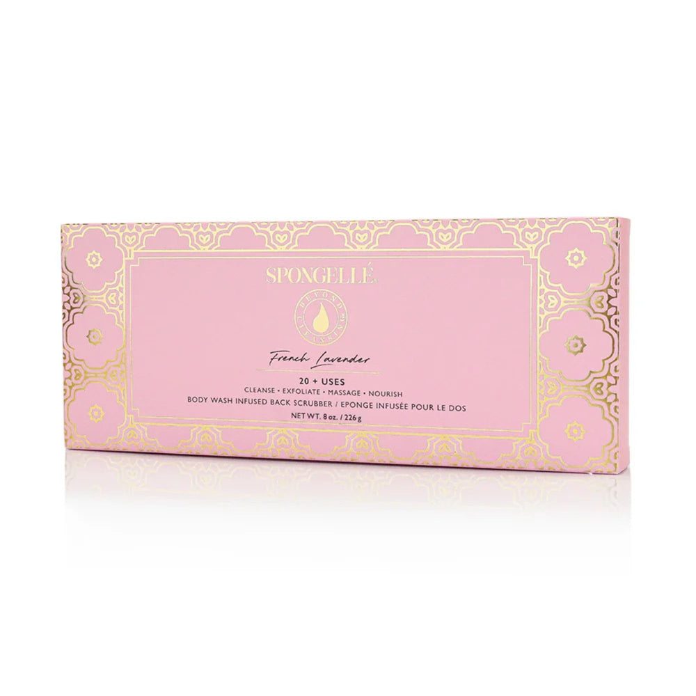 Close-up of SPONGELLÉ Back Buffer lavender-infused surface for a soothing cleanse