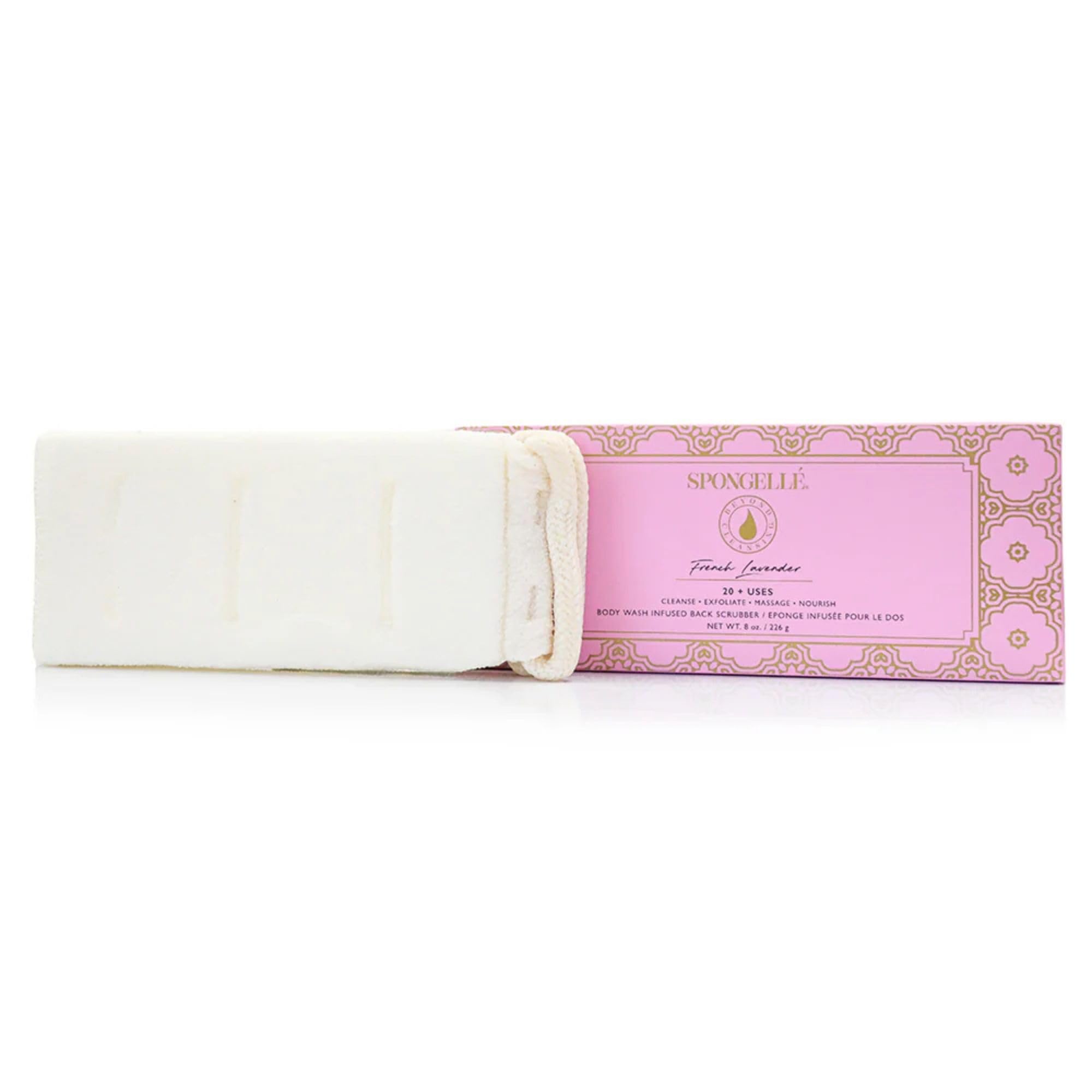 SPONGELLÉ French Lavender Back Buffer packaging highlights calming aroma and easy cleansing