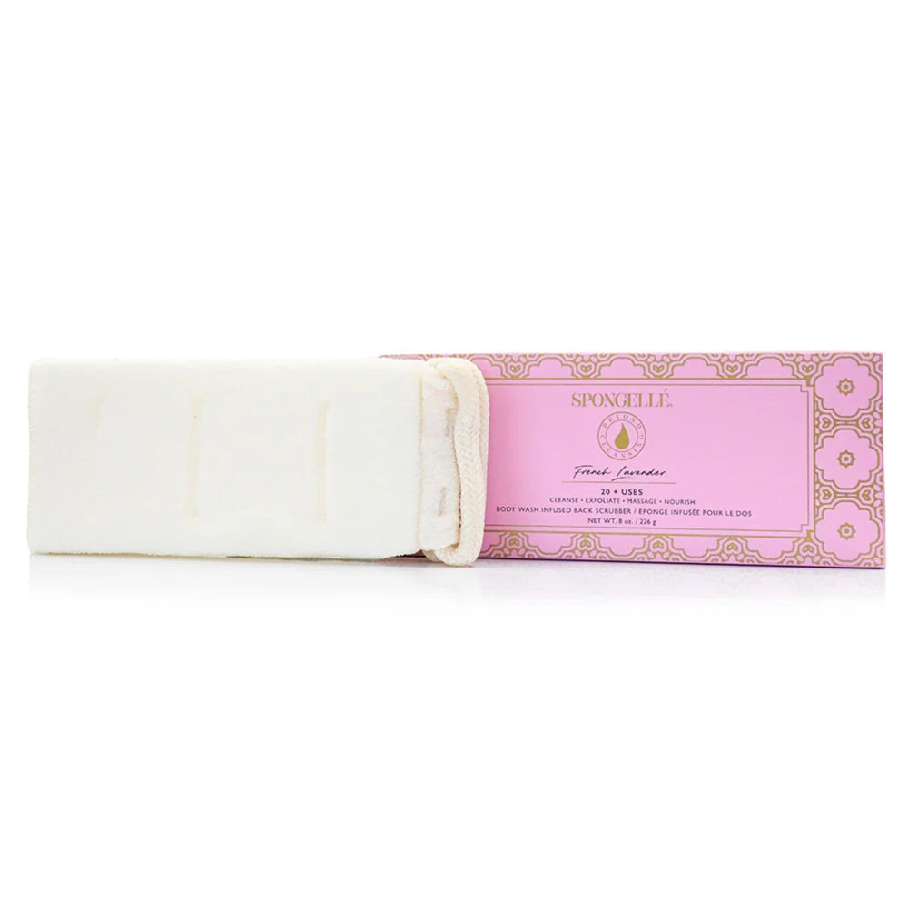 SPONGELLÉ French Lavender Back Buffer packaging highlights calming aroma and easy cleansing