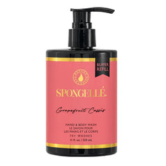 Spongellé Grapefruit Cassis refill bottle on bathroom shelf, daily refreshing cleanse.