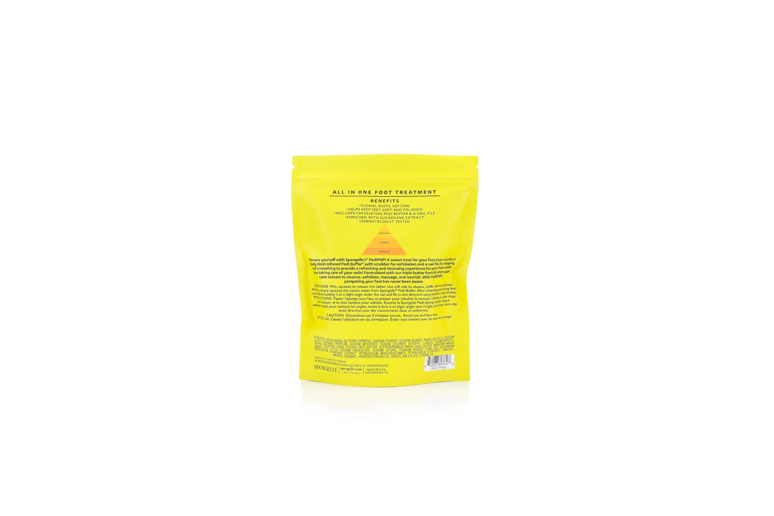 SPONGELLÉ Juicy Orange Pedi Buffer exfoliation in action for soft feet.