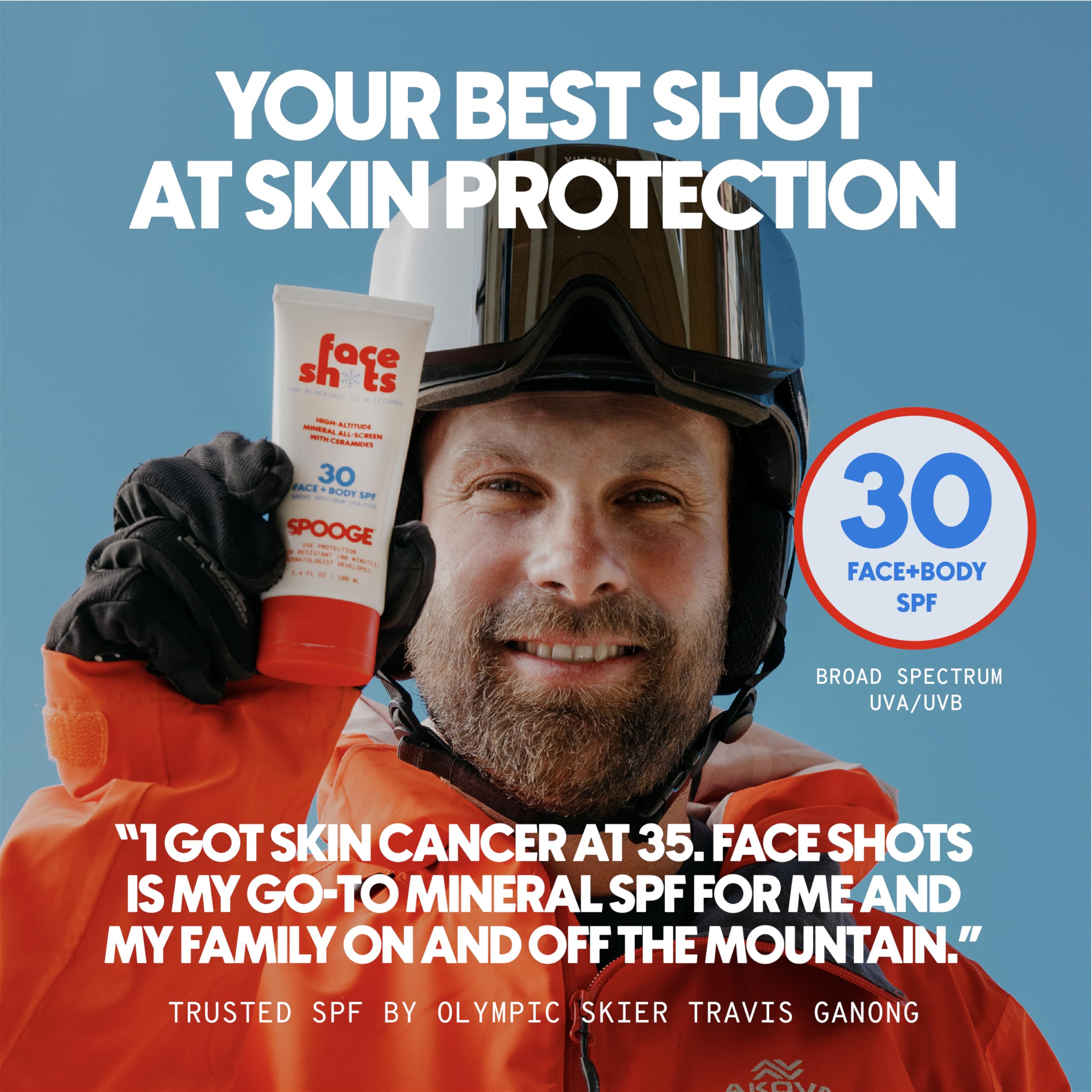 SPOOGE Face Shots applied on cheek, invisible finish for cold-weather protection.