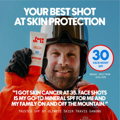 SPOOGE Face Shots applied on cheek, invisible finish for cold-weather protection.