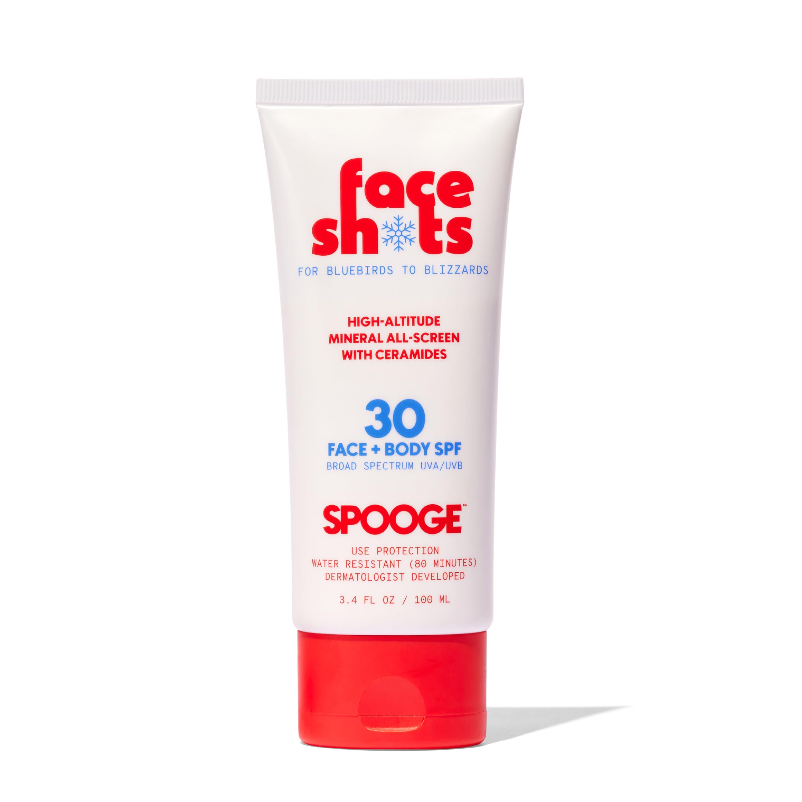 SPOOGE Face Shots bottle front view, mountain-ready mineral sunscreen.