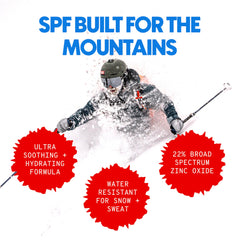 SPOOGE Face Shots on snowy mountainscape protecting skin from alpine glare.