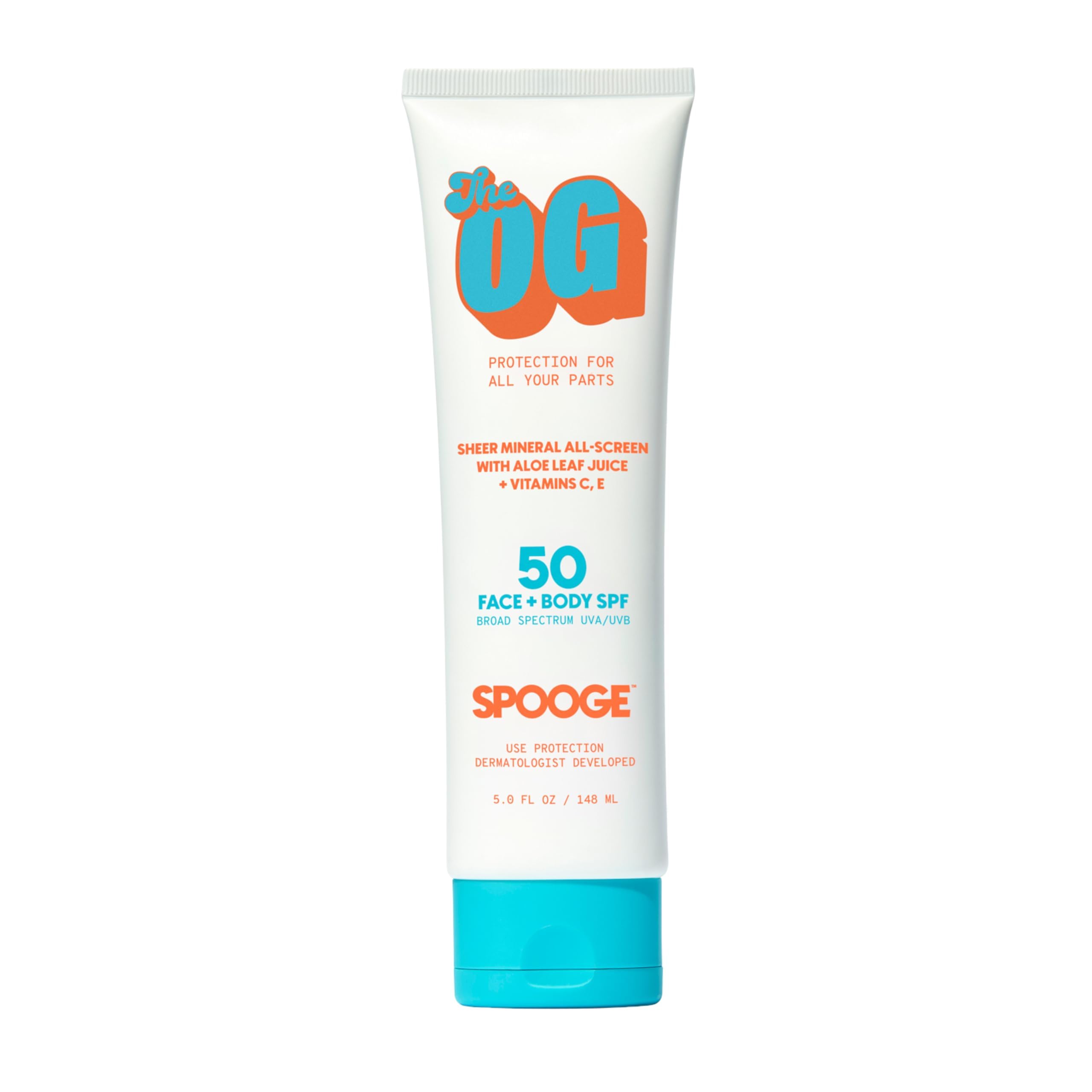 SPOOGE mineral SPF 50 bottle on skin shows sheer coverage for face and body