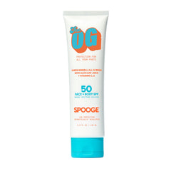 SPOOGE mineral SPF 50 bottle on skin shows sheer coverage for face and body