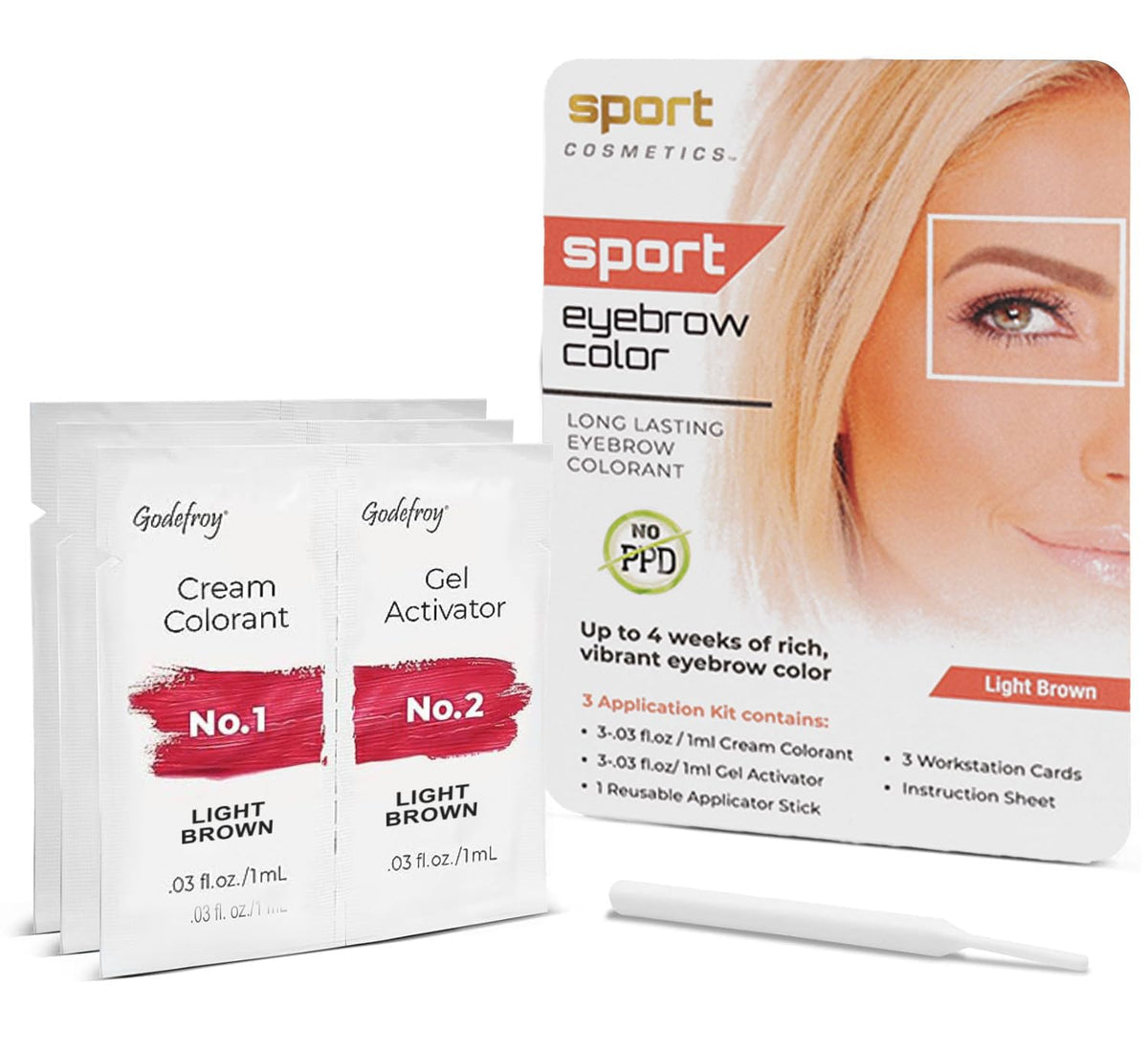Sport Cosmetics Eyebrow Color Light Brown packaging highlights a convenient 3-step kit.