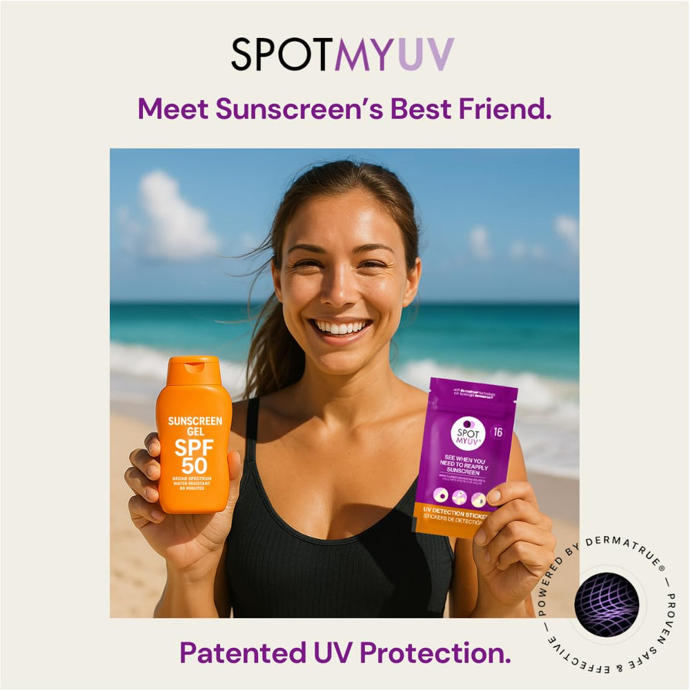 SpotMyUV sticker on skin shows sunscreen effectiveness color cue.