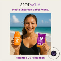 SpotMyUV sticker on skin shows sunscreen effectiveness color cue.