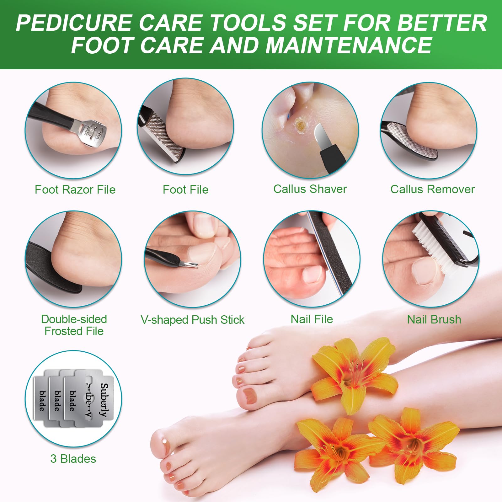 Spriak foot care kit laid out with tools for home pedicure