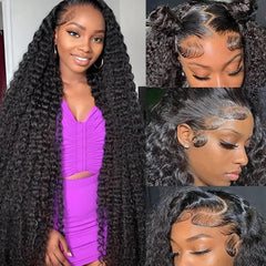 SQU&CIR 28-inch deep-wave lace front wig with natural parting for versatile styling.