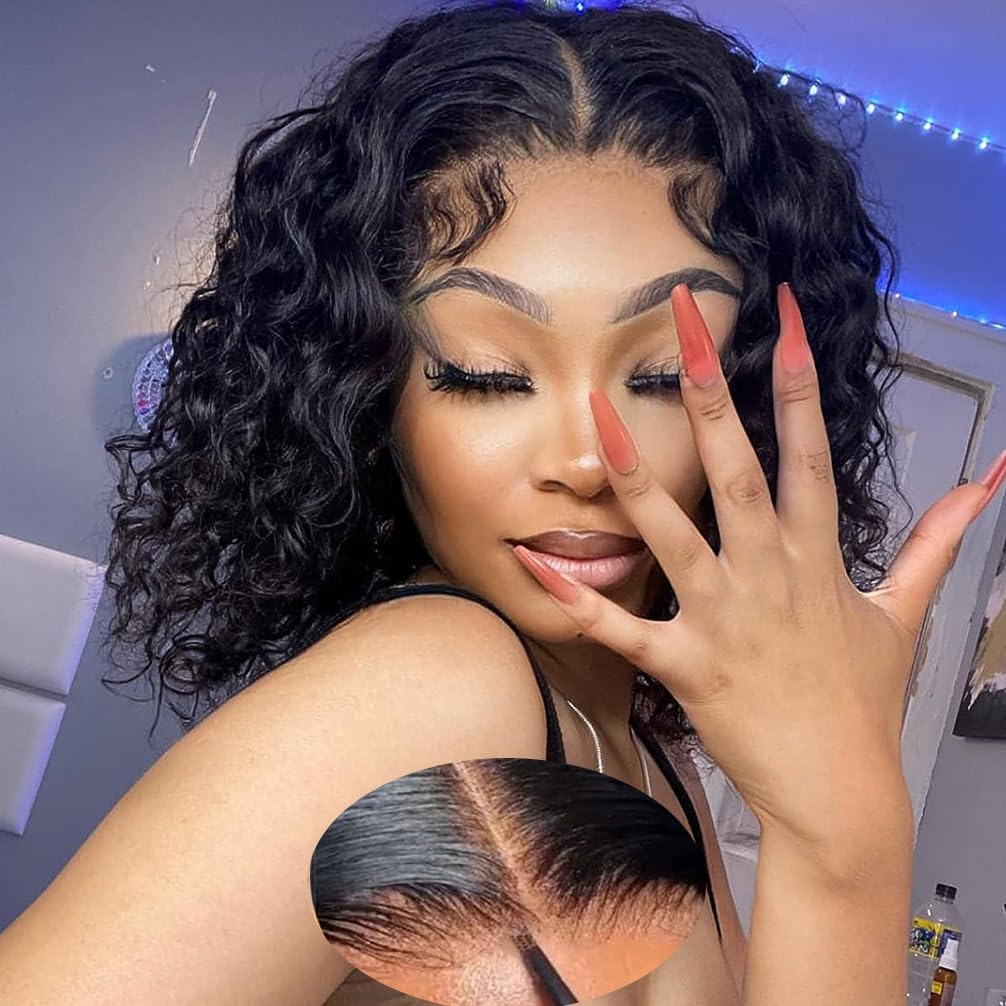 Srakuw Wear and Go glueless wig with a 12 inch water curly bob for quick styling.