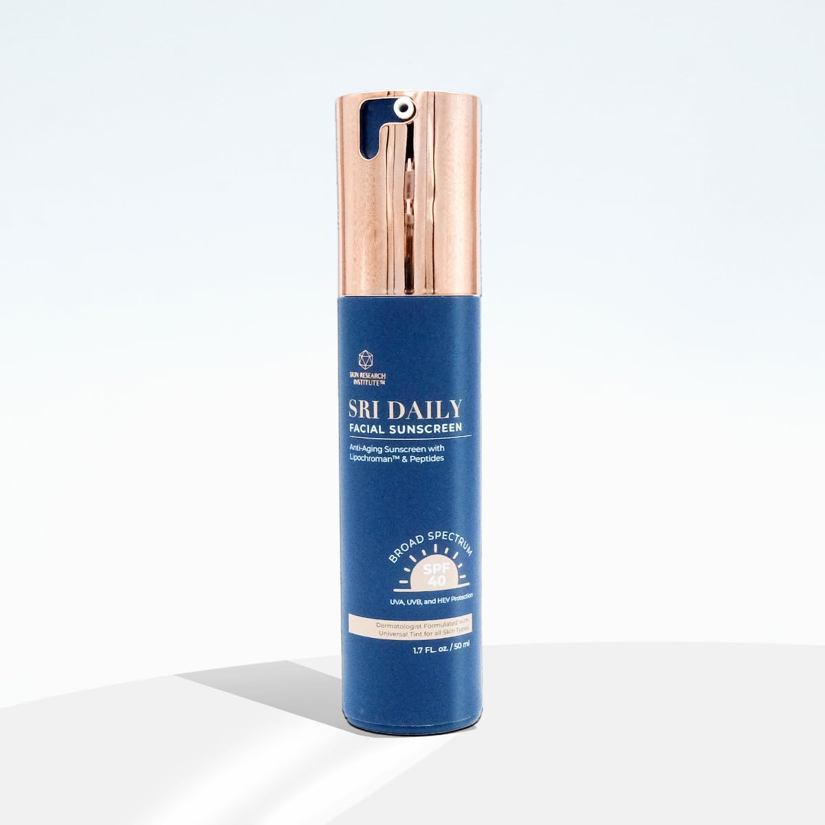 SRILabs Daily Facial Sunscreen bottle demonstrates weightless, universal tint protection for all skin tones.
