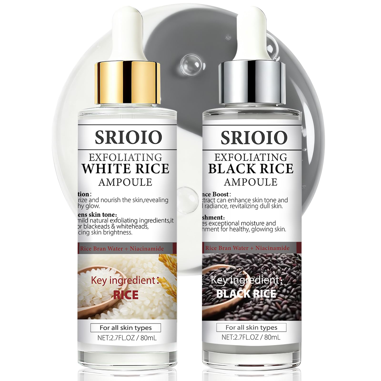 SRIOIO black and white rice exfoliation essence bottle for gentle exfoliation.