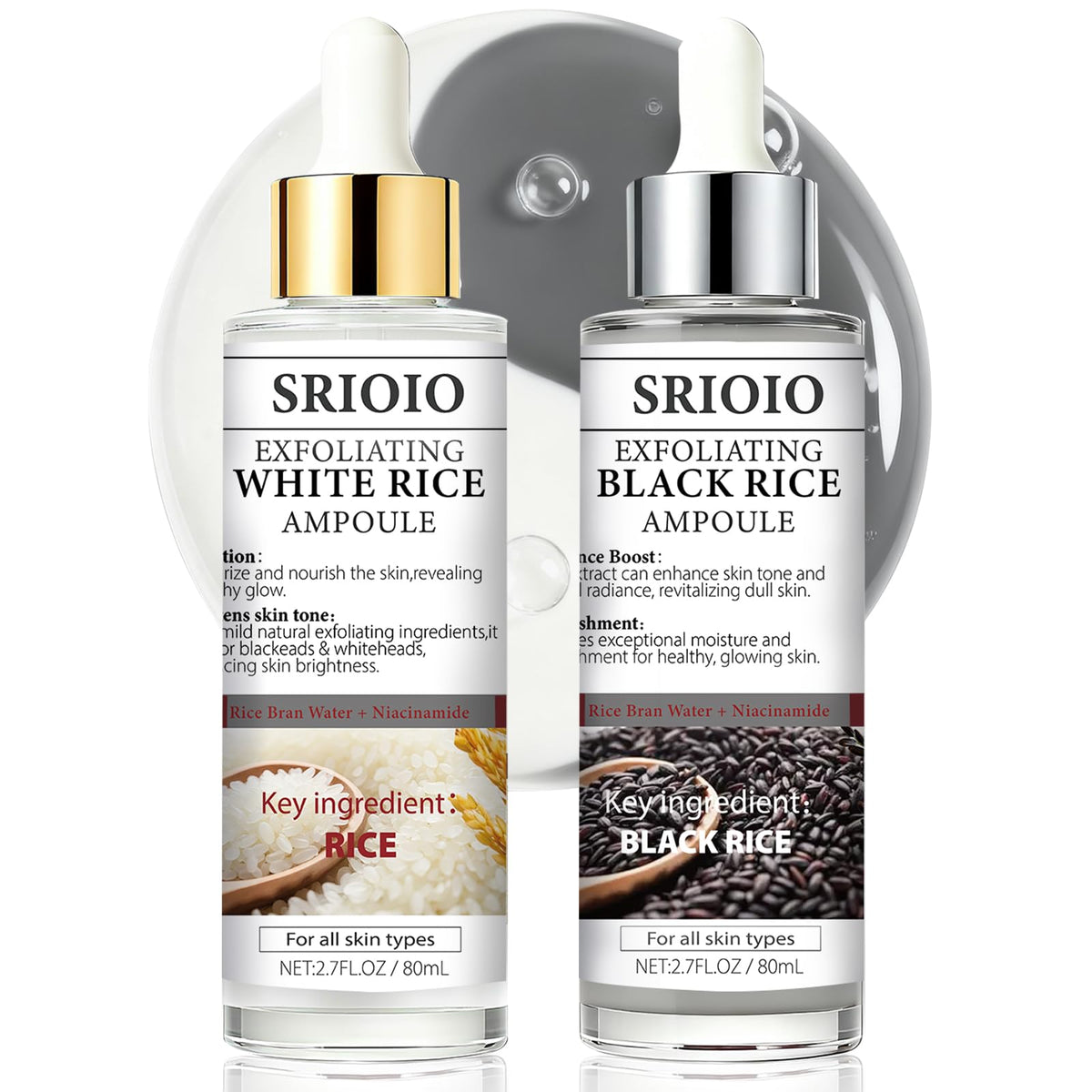 SRIOIO black and white rice exfoliation essence bottle for gentle exfoliation.
