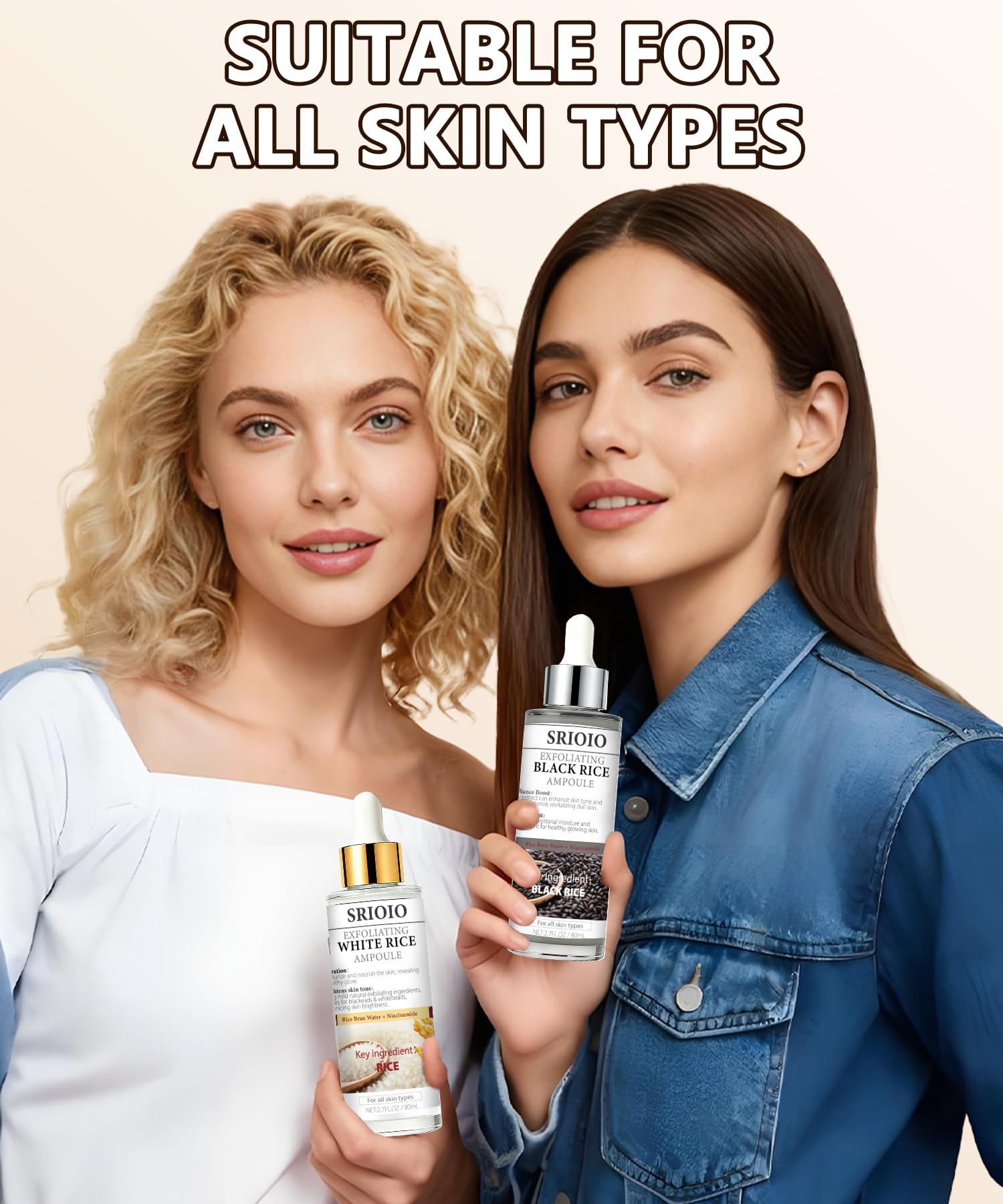 SRIOIO two-piece serum pack image with white and black rice bottles.