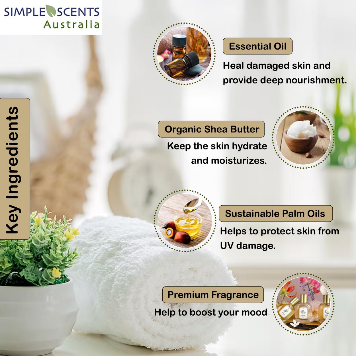Simple Scents Australia natural, vegan ingredients label on soap bar.