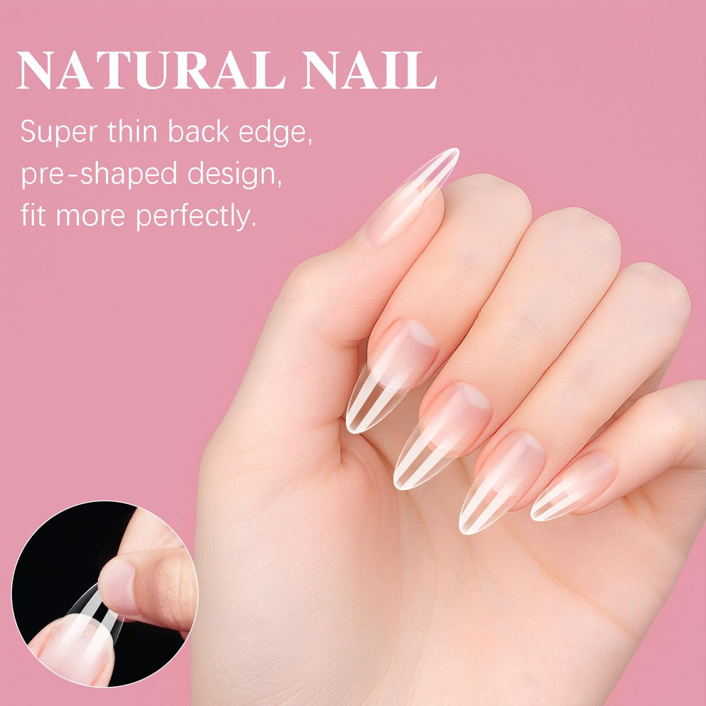 Natural-fit SSWSBYKE almond tips with front-edge and curved back for comfort.