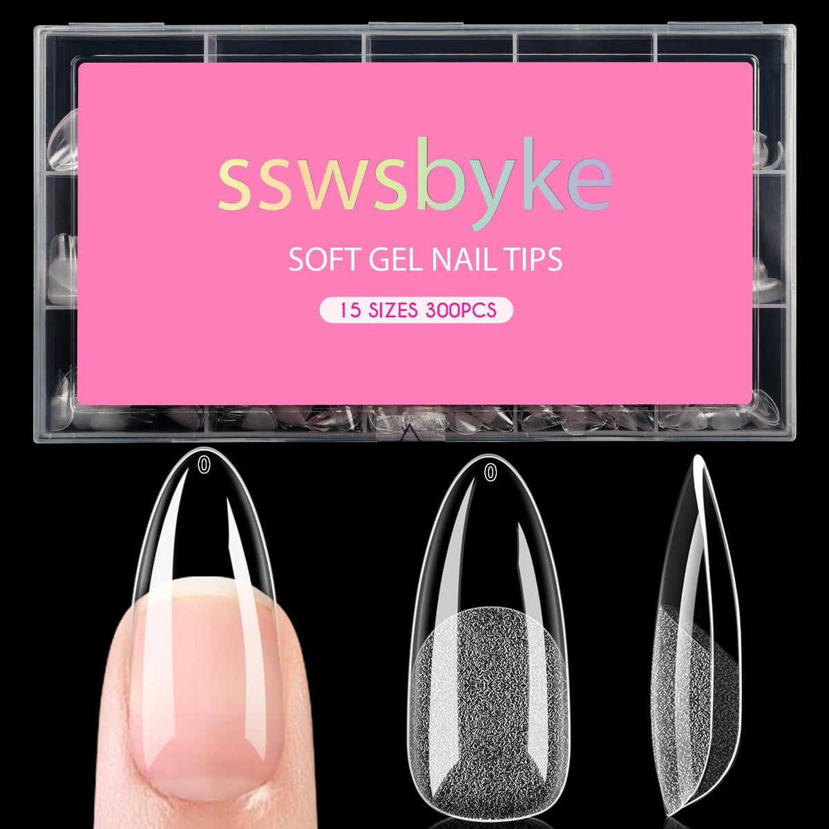 SSWSBYKE medium almond nail tips packfront ready for quick DIY manicure.