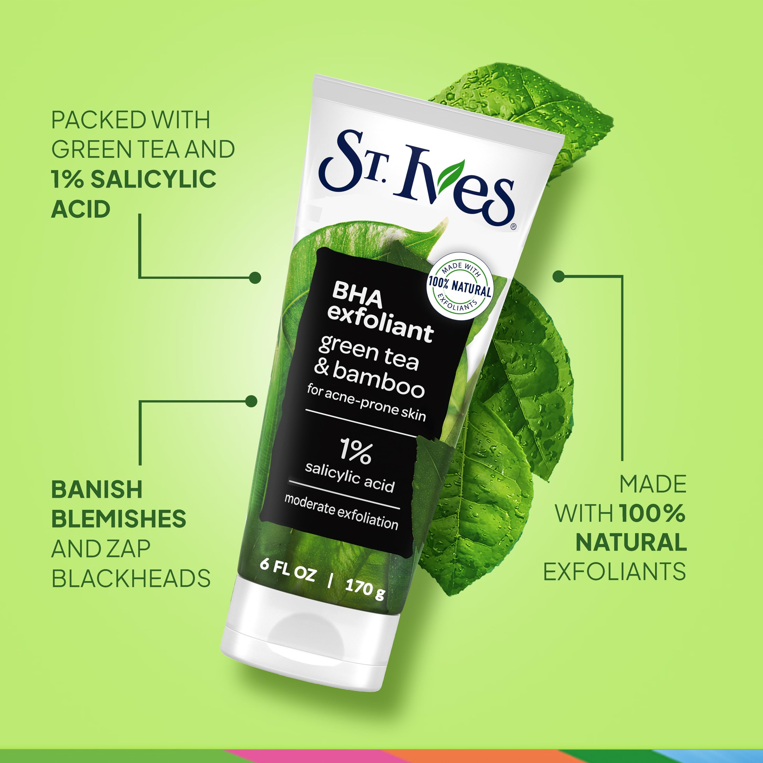 St. Ives 1% salicylic acid bottle targets clear pores without heavy residues.