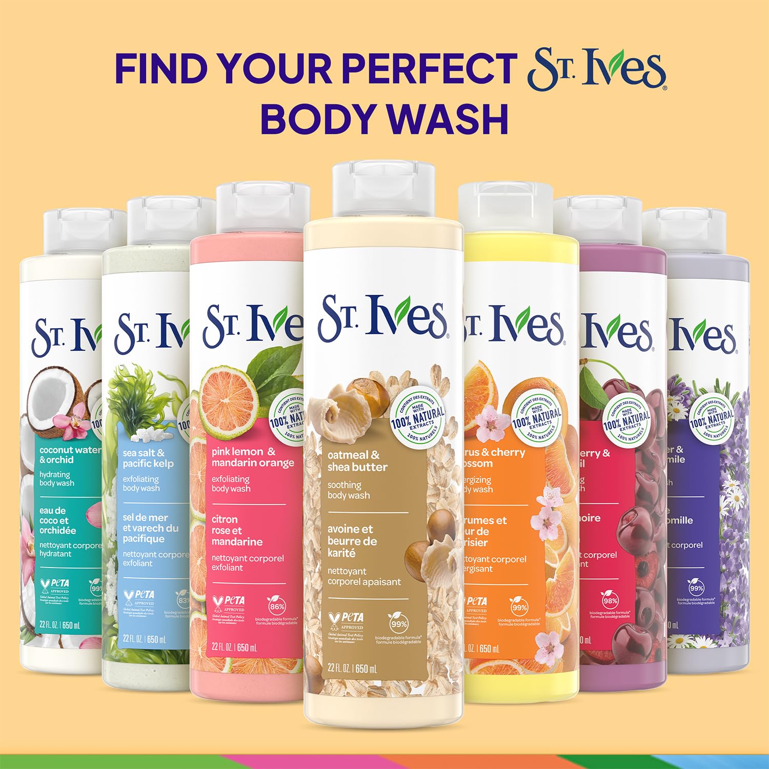 St. Ives 22-ounce bottle on shelf provides long-lasting cleansing.