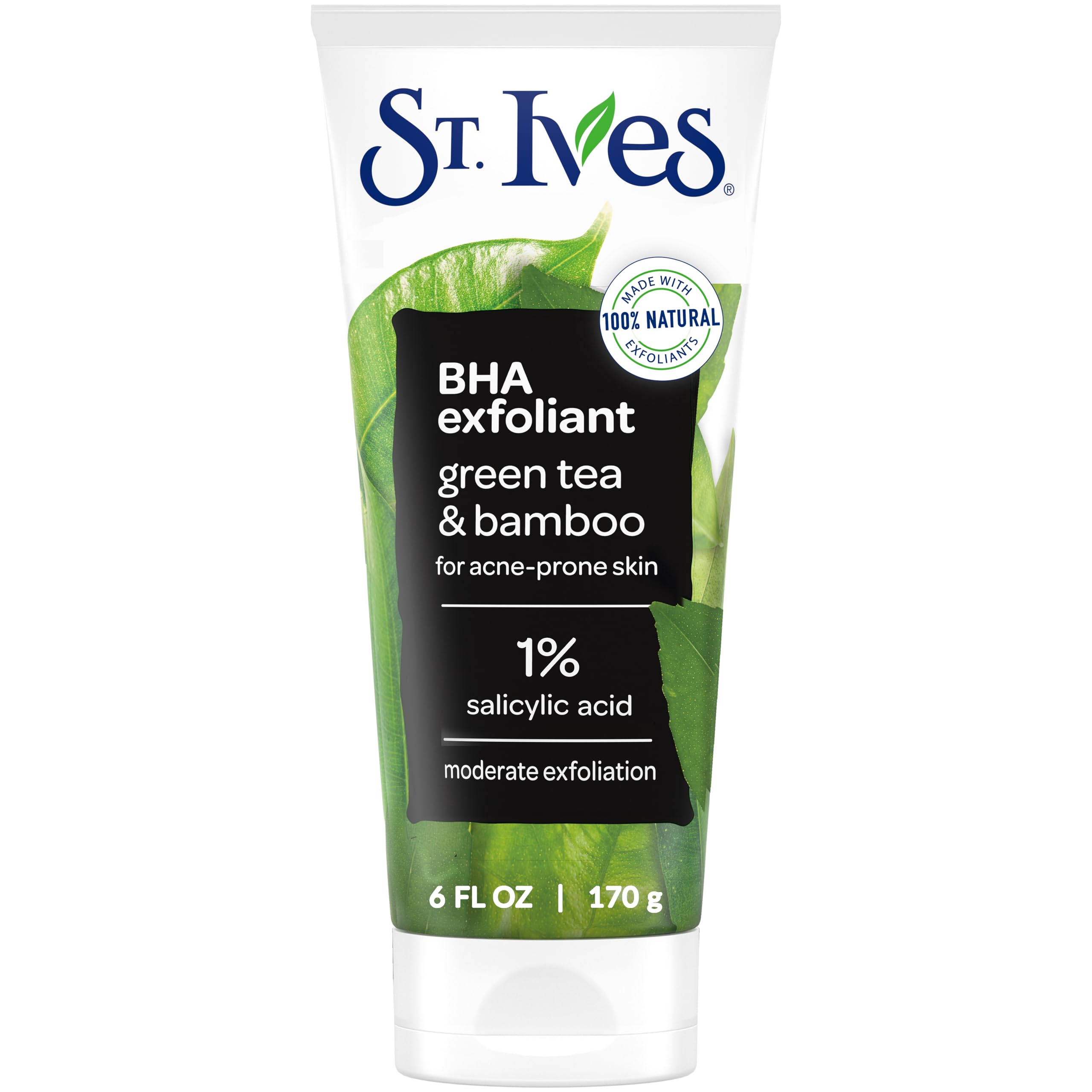 St. Ives Blackhead Clearing Scrub bottle shows pore-clearing action.
