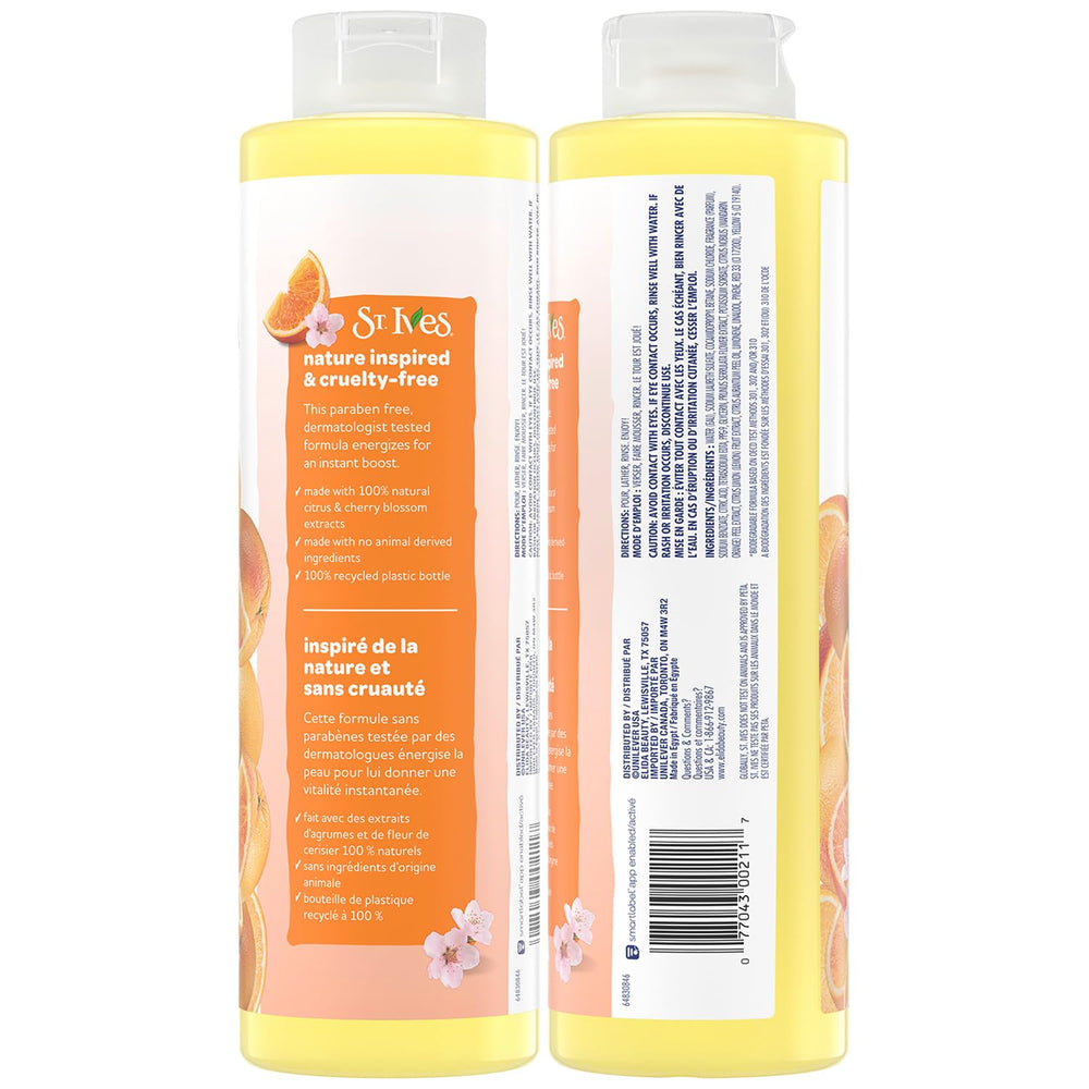 St. Ives Citrus & Cherry Blossom foamy lather for refreshed skin.