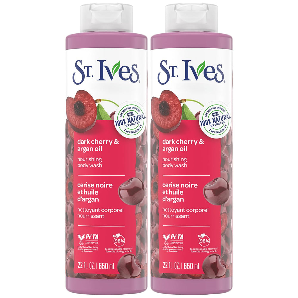 St. Ives Dark Cherry Argan Oil bottle close-up, nourishing body wash vibes