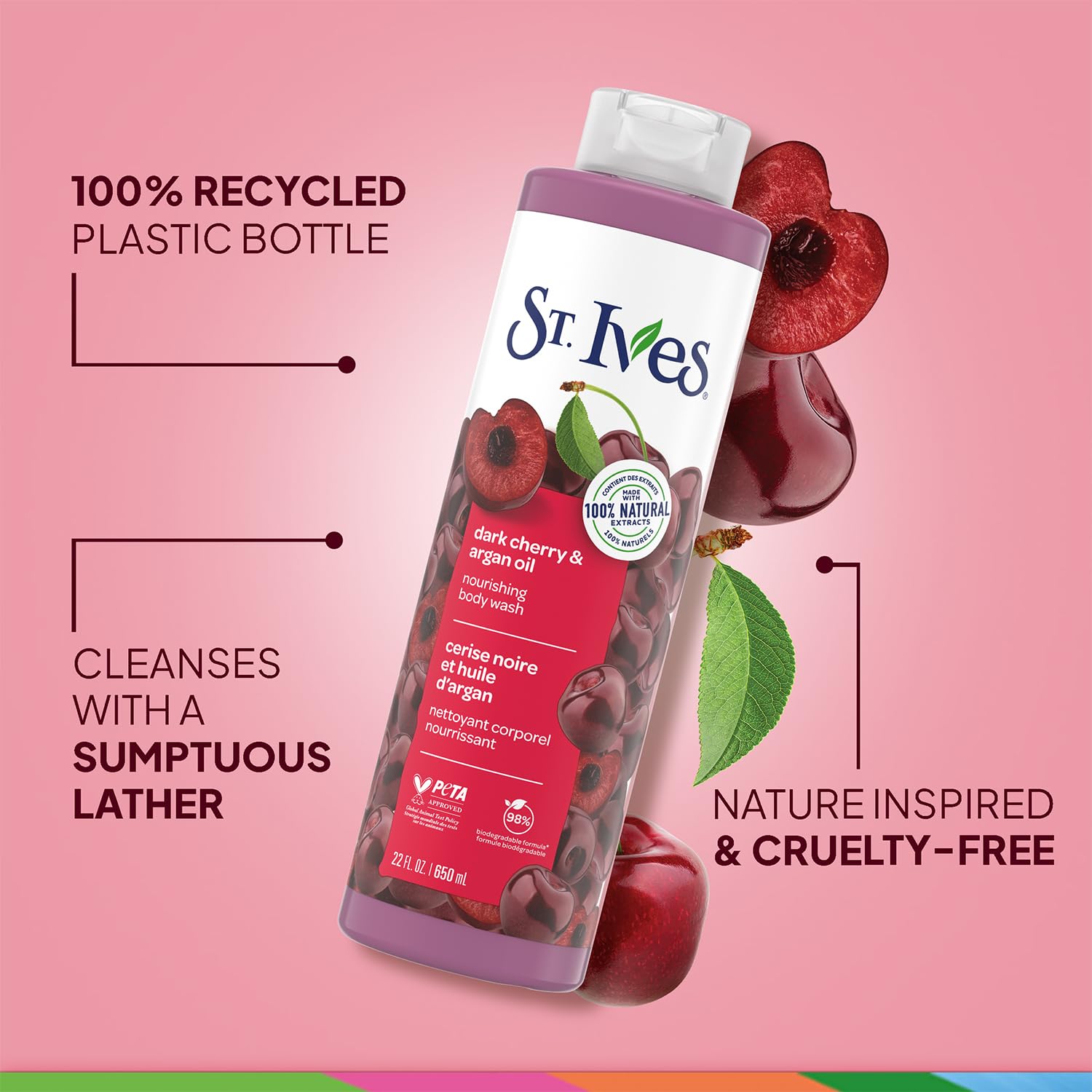 St. Ives Dark Cherry Argan Oil rich lather forming bubbles on skin