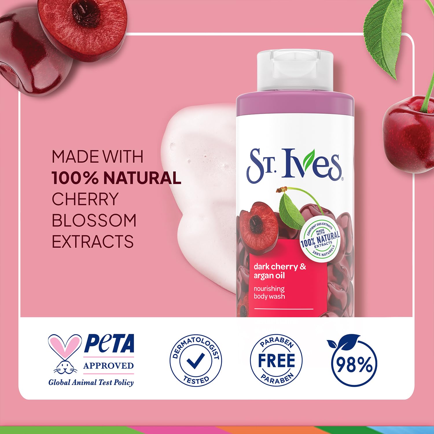 St. Ives Dark Cherry Argan Oil shower foam creating rich lather