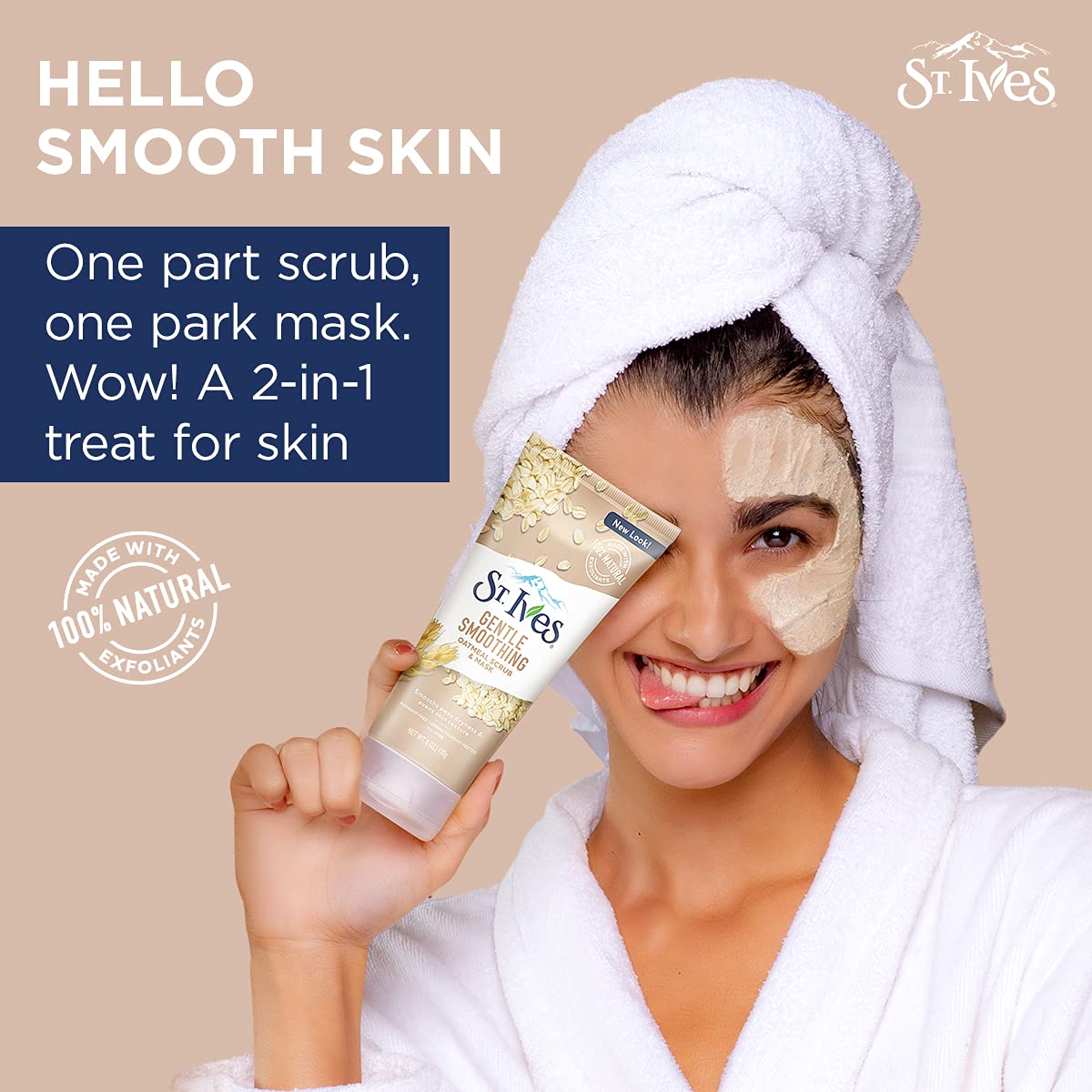 Dermatologist-tested seal on St. Ives scrub and mask.