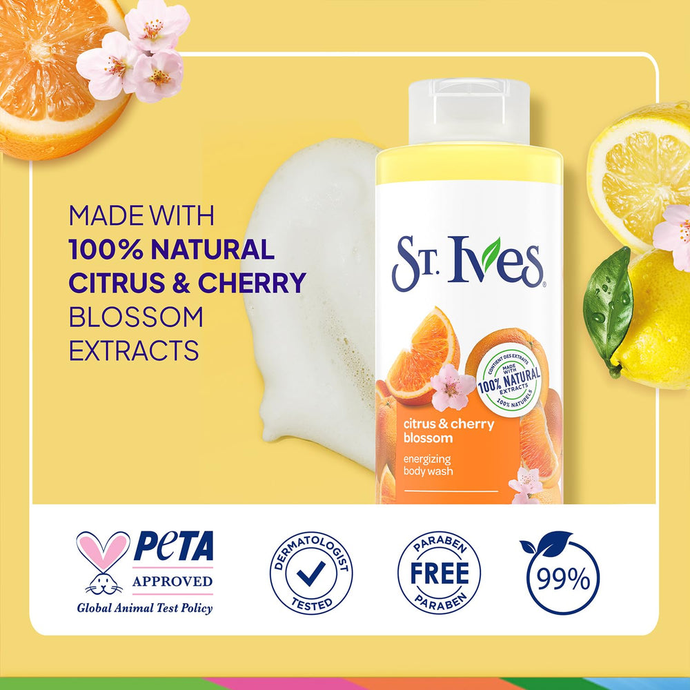 Dermatologist-tested shower gel in bright bottle.
